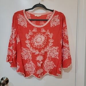PRICE DROP!   Solitaire Embroidered Tunic Top Boho Coral/Pink 3/4 Bell Sleeves